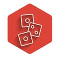 White line Game dice icon isolated with long shadow. Casino gambling. Red hexagon button. Vector Illustration.