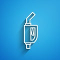 White line Gasoline pump nozzle icon isolated on blue background. Fuel pump petrol station. Refuel service sign. Gas Royalty Free Stock Photo