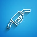 White line Gasoline pump nozzle icon isolated on blue background. Fuel pump petrol station. Refuel service sign. Gas Royalty Free Stock Photo