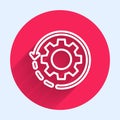White line Gear and arrows as workflow concept icon isolated with long shadow. Gear reload sign. Red circle button Royalty Free Stock Photo