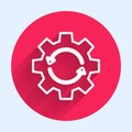 White line Gear and arrows as workflow concept icon isolated with long shadow. Gear reload sign. Red circle button Royalty Free Stock Photo
