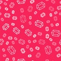 White line Gem stone icon isolated seamless pattern on red background. Jewelry symbol. Diamond. Vector Royalty Free Stock Photo