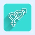 White line Gender icon isolated with long shadow. Symbols of men and women. Sex symbol. Green square button. Vector