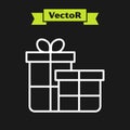 White line Gift box icon isolated on black background. Merry Christmas and Happy New Year. Vector Royalty Free Stock Photo