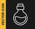 White line Glass bottle with magic elixir icon isolated on black background. Computer game asset. Vector Royalty Free Stock Photo