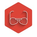 White line Glasses for the blind and visually impaired icon isolated with long shadow. Red hexagon button. Vector