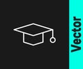 White line Graduation cap icon isolated on black background. Graduation hat with tassel icon. Vector Illustration Royalty Free Stock Photo