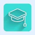 White line Graduation cap icon isolated with long shadow. Graduation hat with tassel icon. Green square button. Vector Royalty Free Stock Photo