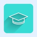 White line Graduation cap icon isolated with long shadow. Graduation hat with tassel icon. Green square button. Vector Royalty Free Stock Photo