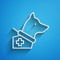White line Guide dog icon isolated on blue background. Long shadow. Vector