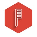 White line Hairbrush icon isolated with long shadow. Comb hair sign. Barber symbol. Red hexagon button. Vector Royalty Free Stock Photo