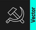White line Hammer and sickle USSR icon isolated on black background. Symbol Soviet Union. Vector Royalty Free Stock Photo
