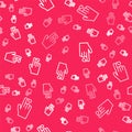 White line Hand finger with blood drops icon isolated on isolated seamless pattern on red background. Diabetes, sugar Royalty Free Stock Photo