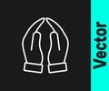 White line Hands in praying position icon isolated on black background. Prayer to god with faith and hope. Vector Royalty Free Stock Photo