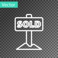 White line Hanging sign with text Sold icon isolated on transparent background. Sold sticker. Sold signboard. Vector Royalty Free Stock Photo