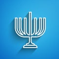 White line Hanukkah menorah icon isolated on blue background. Hanukkah traditional symbol. Holiday religion, jewish Royalty Free Stock Photo