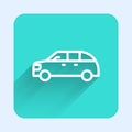 White line Hatchback car icon isolated with long shadow. Green square button. Vector