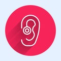 White line Hearing aid icon isolated with long shadow. Hearing and ear. Red circle button. Vector