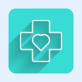 White line Heart with a cross icon isolated with long shadow. First aid. Healthcare, medical and pharmacy sign. Green Royalty Free Stock Photo