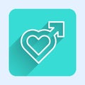 White line Heart with male gender symbol icon isolated with long shadow. Green square button. Vector Royalty Free Stock Photo