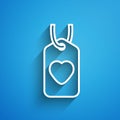 White line Heart tag icon isolated on blue background. Love symbol. Valentine day symbol. Long shadow. Vector Royalty Free Stock Photo
