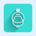 White line Helmet and action camera icon isolated with long shadow. Green square button. Vector Illustration