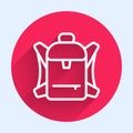 White line Hiking backpack icon isolated with long shadow background. Camping and mountain exploring backpack. Red Royalty Free Stock Photo
