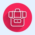 White line Hiking backpack icon isolated with long shadow background. Camping and mountain exploring backpack. Red Royalty Free Stock Photo