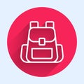 White line Hiking backpack icon isolated with long shadow. Camping and mountain exploring backpack. Red circle button Royalty Free Stock Photo