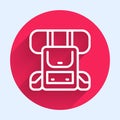 White line Hiking backpack icon isolated with long shadow. Camping and mountain exploring backpack. Red circle button Royalty Free Stock Photo