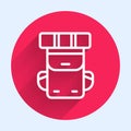 White line Hiking backpack icon isolated with long shadow. Camping and mountain exploring backpack. Red circle button Royalty Free Stock Photo