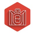 White line Hiking backpack icon isolated with long shadow. Camping and mountain exploring backpack. Red hexagon button Royalty Free Stock Photo