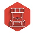 White line Hiking backpack icon isolated with long shadow. Camping and mountain exploring backpack. Red hexagon button Royalty Free Stock Photo
