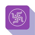 White line Hindu swastika religious symbol icon isolated on white background. Purple square button. Vector
