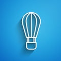 White line Hot air balloon icon isolated on blue background. Air transport for travel. Long shadow. Vector