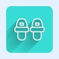 White line Hotel slippers icon isolated with long shadow. Flip flops sign. Green square button. Vector Royalty Free Stock Photo