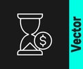White line Hourglass with dollar icon isolated on black background. Money time. Sandglass and money. Growth, income