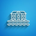 White line House flood icon isolated on blue background. Home flooding under water. Insurance concept. Security, safety Royalty Free Stock Photo