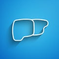 White line Human organ liver icon isolated on blue background. Long shadow. Vector