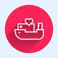 White line Humanitarian ship icon isolated with long shadow. Red circle button. Vector