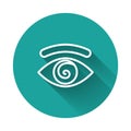 White line Hypnosis icon isolated with long shadow. Human eye with spiral hypnotic iris. Green circle button. Vector