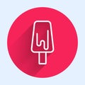 White line Ice cream icon isolated with long shadow background. Sweet symbol. Red circle button. Vector Royalty Free Stock Photo