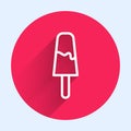 White line Ice cream icon isolated with long shadow background. Sweet symbol. Red circle button. Vector Royalty Free Stock Photo