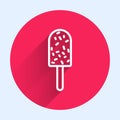 White line Ice cream icon isolated with long shadow. Sweet symbol. Red circle button. Vector Illustration Royalty Free Stock Photo
