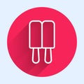 White line Ice cream on stick icon isolated with long shadow. Sweet symbol. Red circle button. Vector Royalty Free Stock Photo