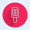 White line Ice cream on stick icon isolated with long shadow. Sweet symbol. Red circle button. Vector Royalty Free Stock Photo