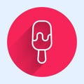 White line Ice cream on stick icon isolated with long shadow. Sweet symbol. Red circle button. Vector Royalty Free Stock Photo