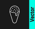 White line Ice cream in waffle cone icon isolated on black background. Sweet symbol. Vector Royalty Free Stock Photo