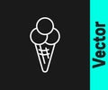 White line Ice cream in waffle cone icon isolated on black background. Sweet symbol. Vector Royalty Free Stock Photo