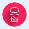 White line Ice cream in waffle cone icon isolated with long shadow background. Sweet symbol. Red circle button. Vector Royalty Free Stock Photo